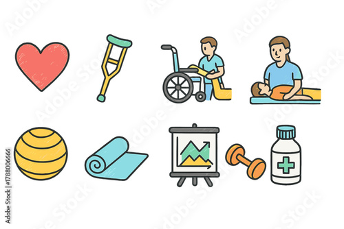 Rehabilitation, therapy flat icon set. Wellness, recovery icons flat collection
