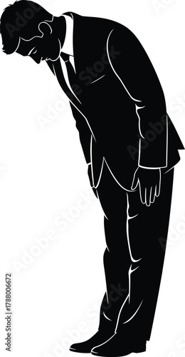 Japanese businessman in suit bowing deep silhouette vector illustration