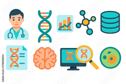 Genomics, biomedical 3d icon set. Dna, research, medical biotechnology icons collection