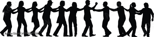 Diverse Group Walking and Dancing in Line Formation Black Silhouette Vector
