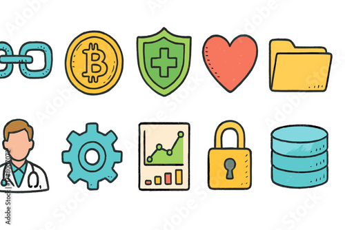 Business, finance flat icon set. Analytics, security, cryptocurrency icons collection