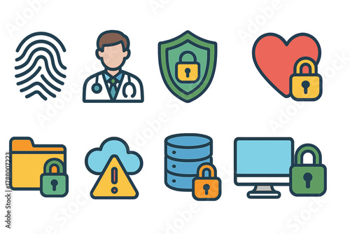 Security and privacy flat icon set. Lock, shield, cloud storage icons collection