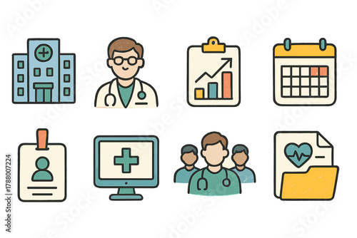 Healthcare and medical icons outline set. Doctor, hospital, medical records, calendar
