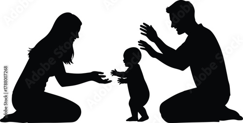 Parents kneeling encouraging baby taking first steps silhouette Family milestone vector illustration