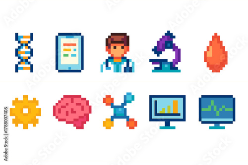 Science and technology pixel icon set. Laboratory, research, equipment outline design