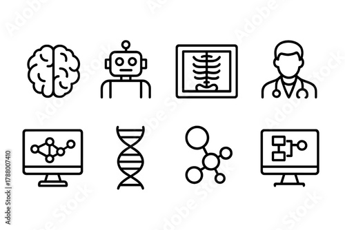 Science and technology flat icon set. Brain, robot, dna, medical icons collection