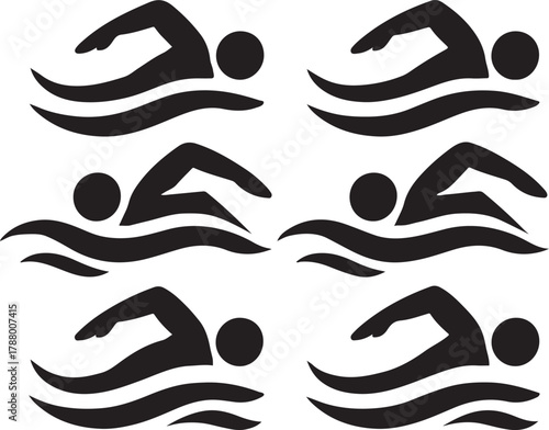 Team of six athletes in pool silhouette icon, ideal for sports, competition, and aquatic design.