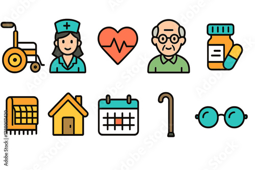 Elderly care outline icon set. Retirement, health, and home support icons collection.