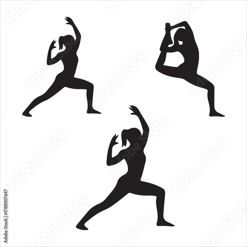 Dynamic female fitness and yoga poses silhouettes set for exercise.