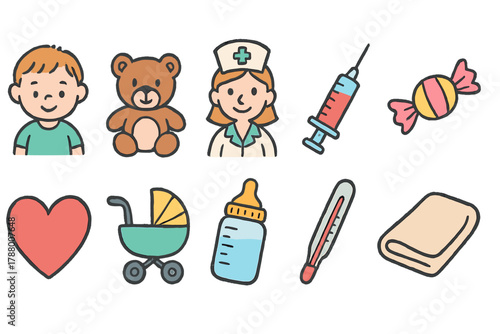 Childcare, pediatric outline icon set. Baby care, medicine, health icons collection