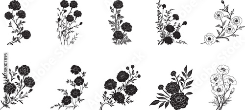 A collection of black and white floral silhouettes vector illustration