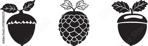 Three black and white silhouettes of acorns, hops, and a lemon vector illustration
