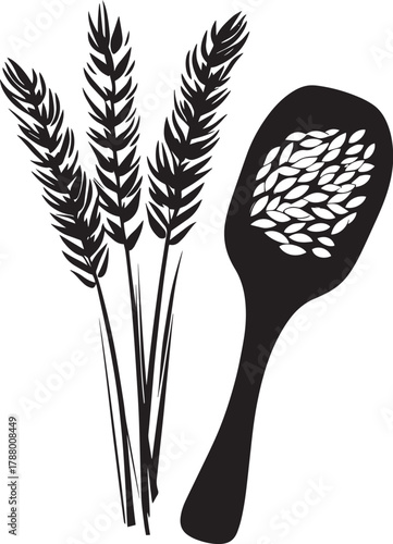 A black and white illustration of a wooden spoon with grains of wheat on it, set vector illustration