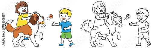 Happy Kids Playing Fetch with a Saint Bernard Dog - Cartoon Illustration for Children's Activities