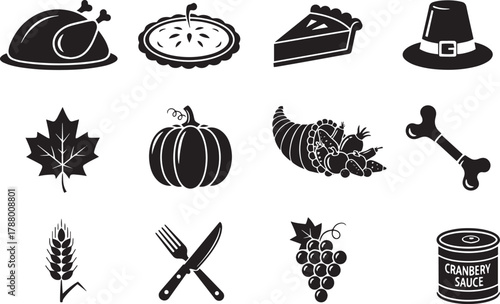 A collection of Thanksgiving-themed icons, including a turkey, pumpkin, cranberry sauce, and other symbols.