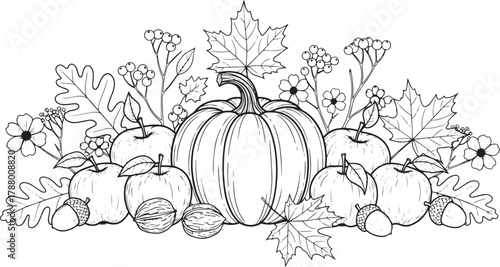 A pumpkin and apples arranged in a decorative arrangement with leaves and flowers.
