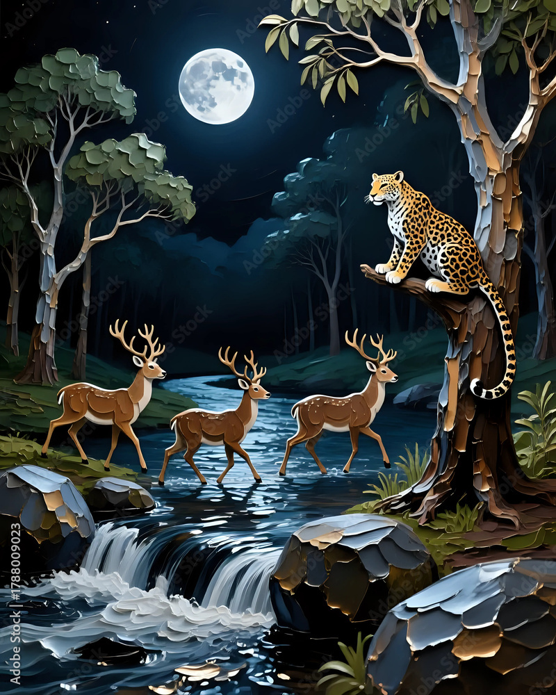 Obraz premium Wild cheetah in forest watching Deers crossing the river at night 
