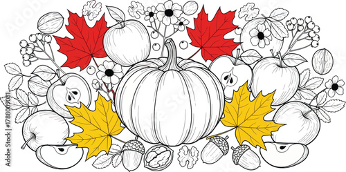 A pumpkin and apples on a white background with autumn leaves and flowers.