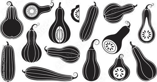 A collection of black and white squash silhouettes on a white background.