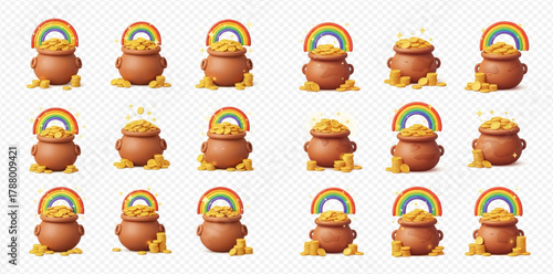 Collection of 3D rendered pots of gold with rainbows and spilling coins, symbolizing luck and treasure.