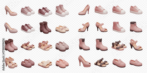 A diverse collection of women's footwear including heels, sneakers, boots, sandals, and flats in various shades of pink and brown, arranged neatly on a transparent background.
