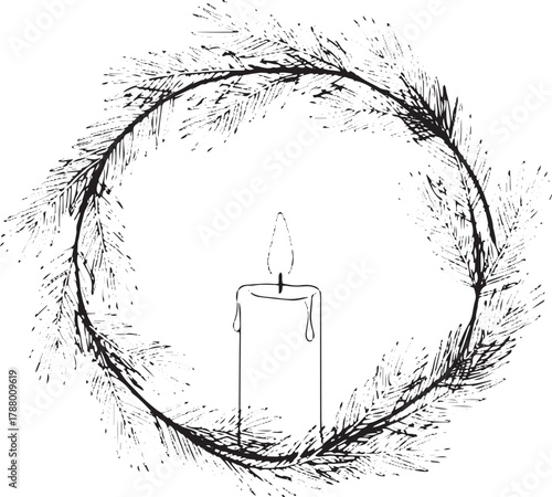 A Christmas wreath with a lit candle inside, surrounded by evergreen branches.