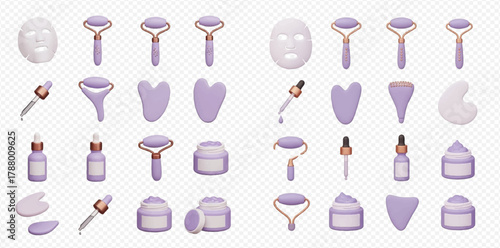 3D rendered collection of skincare tools and beauty products, featuring facial rollers, gua sha stones, serum bottles, cream jars, and face masks in soft purple and white.