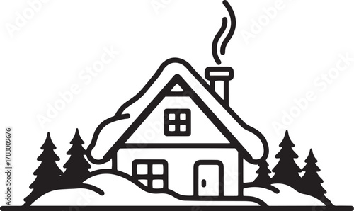 A cozy cabin in the snow with a chimney and a dog in the background.