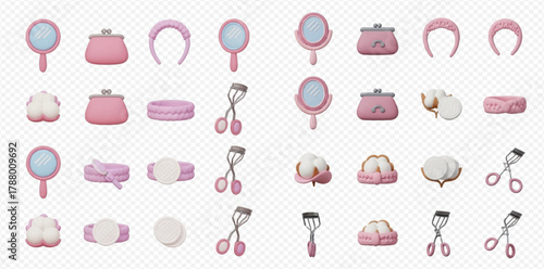 A collection of cute 3D rendered pink beauty and personal care items including mirrors, purses, headbands, eyelash curlers, and cotton.