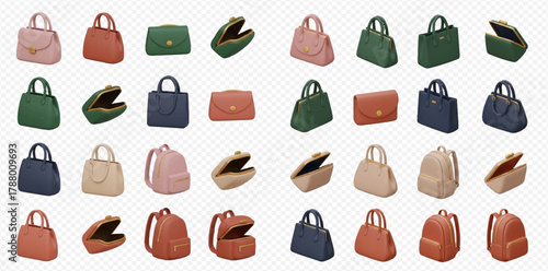 A collection of various stylish handbags and backpacks in different colors and styles, some open and some closed.