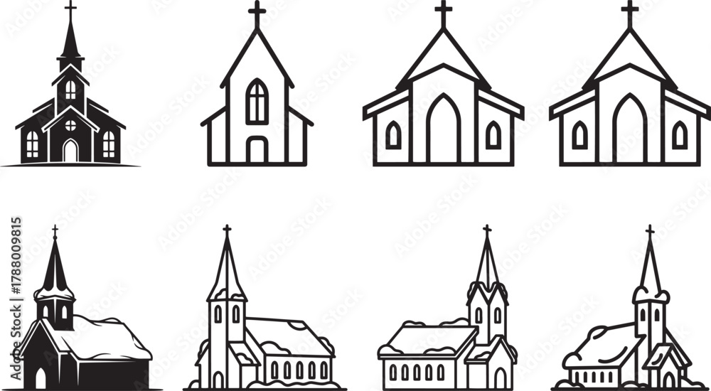 Fototapeta premium A collection of black and white church icons with varying styles and angles.