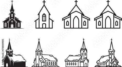 A collection of black and white church icons with varying styles and angles.
