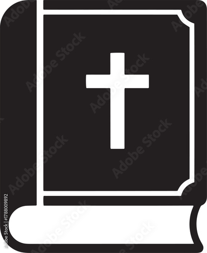A black and white illustration of a closed book with a cross on the cover.