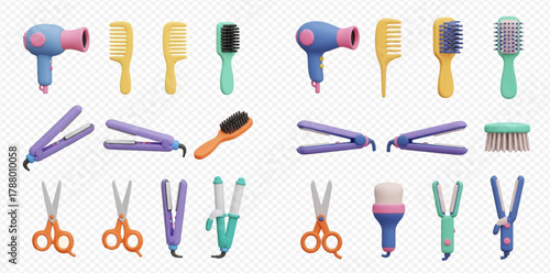 A collection of colorful 3D rendered hair styling and grooming tools, including dryers, combs, brushes, straighteners, curling irons, and scissors.