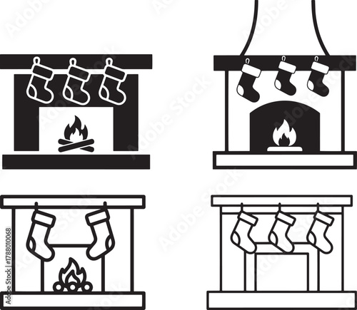 Christmas stockings hanging from a fireplace with a lit fire.