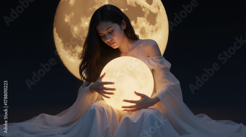 A mystical woman holding a glowing moon orb. Ethereal celestial goddess in front of a large full moon. Fantasy and magic concept.