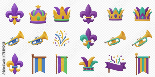Festive 3D Mardi Gras themed icons featuring fleur-de-lis, crowns, trumpets, and party decorations.