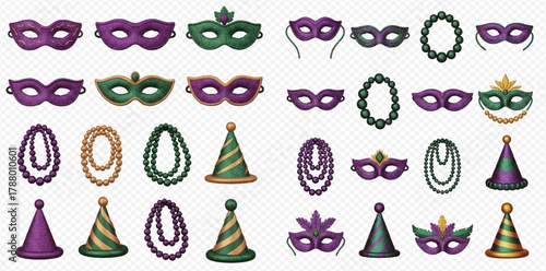 A collection of Mardi Gras celebration items including festive masks, colorful beaded necklaces, and striped party hats in purple, green, and gold.