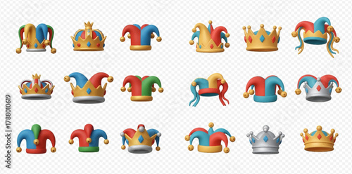 A collection of 3D rendered jester hats and royal crowns in various colors and styles, featuring bells and jewels.