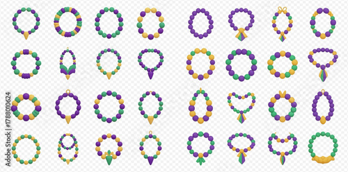 A collection of Mardi Gras beads and necklaces in various shapes and designs, featuring traditional purple, green, and gold colors.