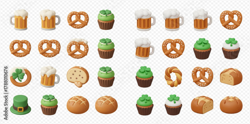 Collection of 3D rendered icons featuring St. Patrick's Day and Oktoberfest elements like beer mugs, pretzels, shamrock cupcakes, and bread rolls on a transparent background.