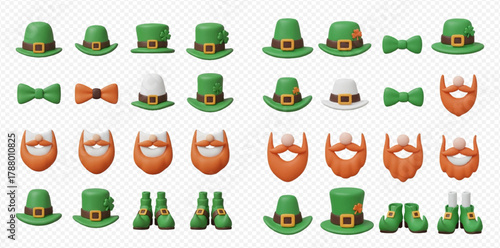 A collection of 3D rendered St. Patrick's Day elements including green leprechaun hats, bow ties, orange beards, and green boots on a transparent background.