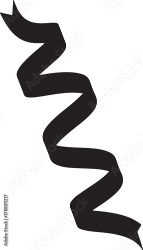 Wavy black ribbon curves elegantly against a clean, bright white transparent backdrop creating flowing form
