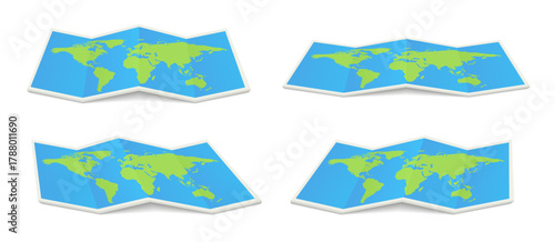 Collection of geography maps. Full big foldable world map with perspective view. Fold paper leaflet of topography map. GPS navigation icon sig. Vector illustration