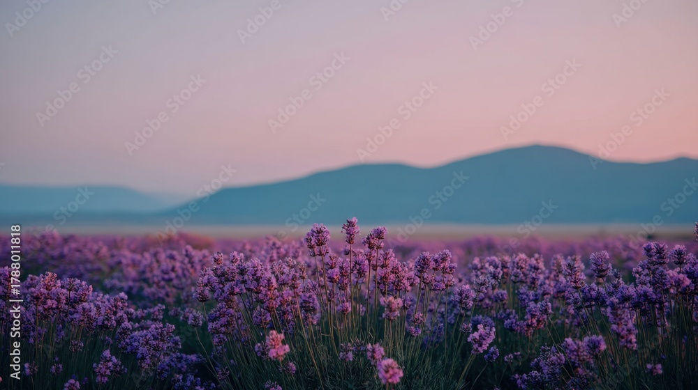 Fototapeta premium Serene Lavender Field Under Soft Sunrise Light with Gentle Mountains in the Background Reflecting Tranquil Morning Atmosphere and Beautiful Nature Scenery