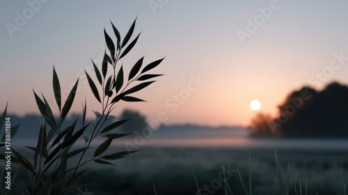 Single Bamboo Shoot Emerging in Silhouette Against a Beautiful Sunrise Horizon