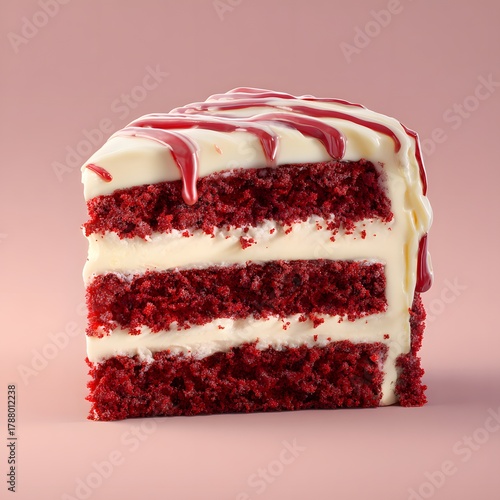 ed Velvet Triple Layer Cake Cream Cheese Red Drip Pink Background