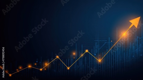 Illuminated rising line graph with upward arrow indicator against a dark blue digital background