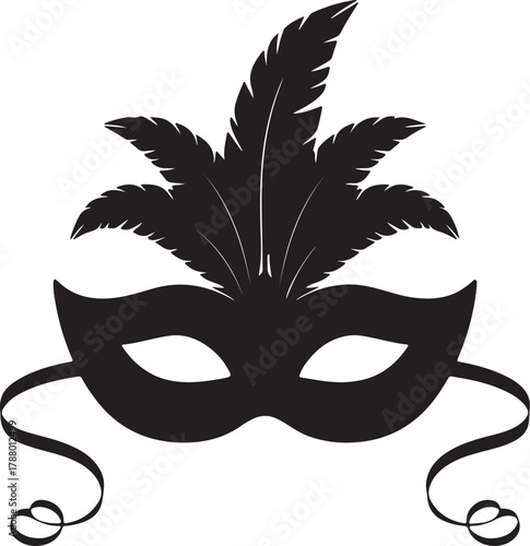 Black masquerade mask featuring elegant feathers and ribbons is displayed on a transparent backdrop