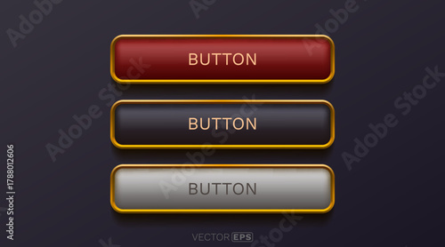 Set of three glossy 3D web buttons with golden borders.